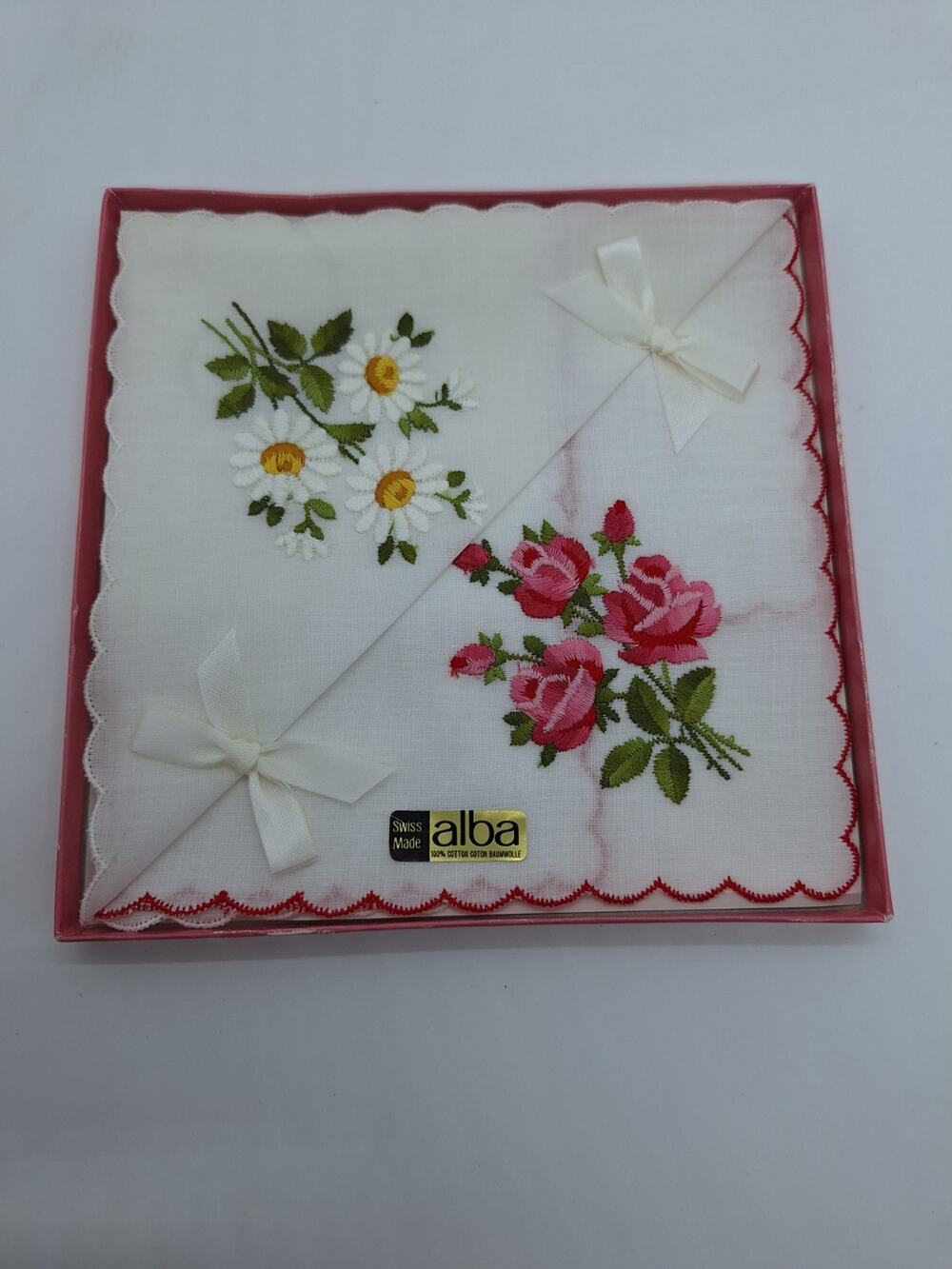 Swiss Made Alba 100% Cotton Embroidered Hankies set of 3 w/ Vintage Box